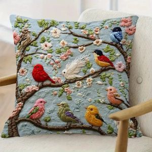 VIKAMA Chinese Floral and Bird Cushion Cover Soft and Skin-Friendly Peach Velvet Sofa Cushion Cover Bed Pillowcase Home Decor