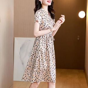 ฤดูร้อน Elegance ผ้าไหม เดรส Maternity Mommy Belly Covering Anti-aging Polka Dot Print Mulberry ผ้าไหม กระโปรง ยาวถึงเข่า คอวี แขนสั้น