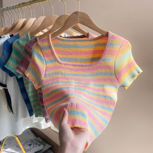 Short High Waist Rainbow Striped Thin Knitted Short-Sleeved T-shirt for Women Summer New Square Collar off-Shoulder Small Shirt Top