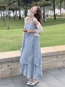 Blue Korean Textured Cake Dress Set Womens Spring New Elegance Open Cardigan Strap Dress Two Piece Set A-Line Midi Dress