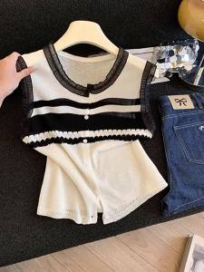 Lace Stripe Splicing Round Neck Slim Sleeveless Vest for Women