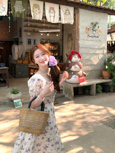 French Floral Print Maxi Dress Womens Gentle Beautiful Holiday Long Dress Spring Garden Tour A-Line Skirt Short Sleeve Cotton