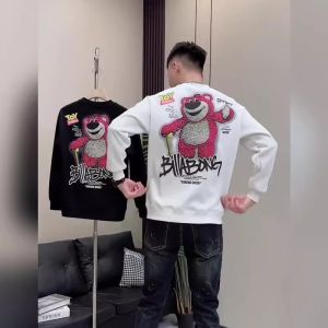 Strawberry Bear Print Fleece Lined Long Sleeve Mens Hoodie Base Layer T-Shirt Casual Youth Fashion Comfortable Fit round Neck