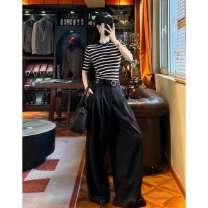 Áo Thun Dệt Kim Tay Ngắn Màu Đen Trắng Cho Nữ Mùa Hè Ice Silk High Shoulder Áo Thun Ngắn Tay Mỏng Thời Trang Thường Ngày