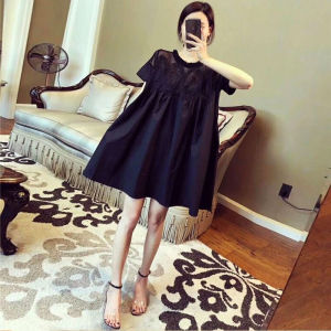 Puffy Doll Dress Female K-style Loose Summer Black Lace A- line Dress Mid-Length Maternity Skirt