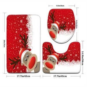 VIKAMA 3pcs Christmas Reindeer Bathroom Mat U-Shaped Toilet Seat Mat Absorbtive Non-Slip Toilet Door Mat Holiday Decoration