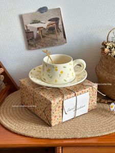 Romantic Floral Ceramic Mug with Spoon and Dessert Plate