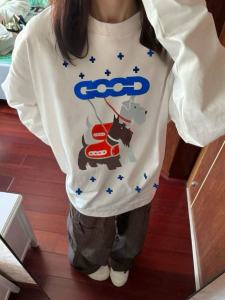 100% Pure Cotton Long Sleeve T-Shirt Womens Retro Street Style Print Casual Versatile Couples Top Comfortable Breathable