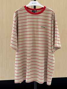 We11done Shark Classic Striped Long Dress T-Shirt Short Sleeve Embroidered Letter Vintage Faded Korean Style Loose Fit Cotton