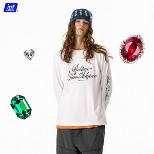 Lạm Phát Thương Hiệu Pha Lê May Mắn Tay áo dài T-Shirt 2025 Mùa Thu Sản Phẩm Mới Thư Đá Quý In chịu lực cao áo cổ tròn Cho Nam Giới