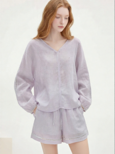 Laid-back Holiday Lace Casual Purple Hemp Shirt