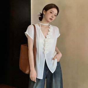 Áo Nữ Dáng Ôm 3D Họa Tiết Hoa Cổ V Tay Ngắn