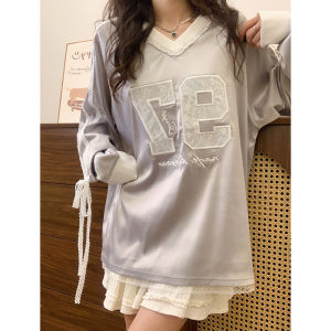 Ballet Style V-Neck Sweatshirt Womens Shoulder Insertion Embroidered Lace Letter Print Loose Fit Long Sleeve Autumn New Arrival