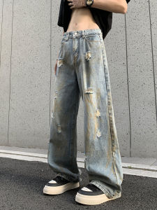 กางเกงยีนส์ทรงหลวมขาตรงสำหรับผู้ชายสไตล์ฮิปฮอป กางเกงยีนส์ขาดๆ สไตล์สตรีท ฤดูร้อน 2024 กางเกงขายาวทรงหลวมสบาย ๆ