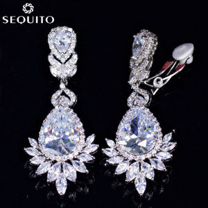 SEQUITO Luxury Long Wedding Party Jewelry Without Piercing 18K White Gold Plated CZ Water Drop Clip on Earrings for Women No Hole SE200