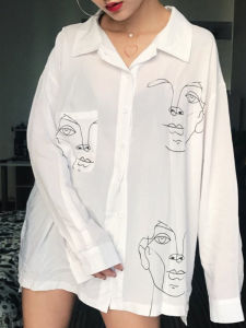 Simple Printed Casual Long Sleeve Shirt Street Style Loose Fit Polyester Fabric Button up Pure Color Thin Autumn Collection