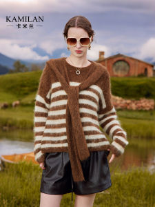 Kamilan Womens Stripe Knitwear Wool Sweater Lazy High-End Feelings Super Beautiful Top for Autumn New Arrival