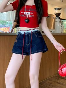 Quần Short Denim Cạp Thấp Gợi Cảm Mùa Hè Cho Nữ Quần Short Bó Sát Màu Khối Họa Tiết Sọc Cạp Cao Cạp Giữa Quần Bó