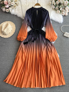 Elegant Gradient Color A-Line Long Sleeve Lantern Sleeve Dress Stand Collar Gathered Waist Dress Luxury Casual Autumn Dress