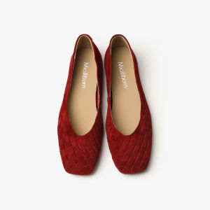 MIOLLIBARN | Red Suede French Style Soft Leather Square Toe Slip On Flats Grandma Shoes