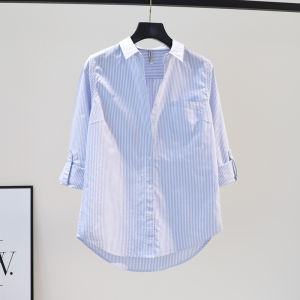 Brand Discount Womens Long Sleeve Shirt Single Pocket Vertical Stripes Spring Autumn Korean Style Commute Wind Button Splice