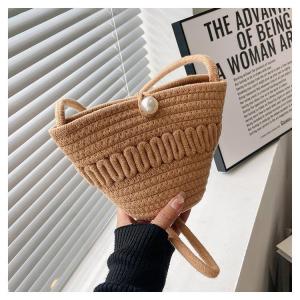 Summer Womens Bucket Beach Bag Pearl Fashion Mini Crossbody Shoulder Bag Trendy Hollow out Straw Weaving Small Bag