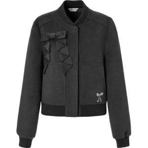 TAMMY TANGS | Sporty Grey Woolen Short Jacket For Girls Loose Fit Baseball Style Coat Butterfly Knot Design Polyester Blend Casual Outerwear