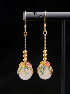 Elegant Long Chain Turquoise Earrings Enamel Pure Silver Female Fashion Jewelry Traditional Chinese Style without Piercing