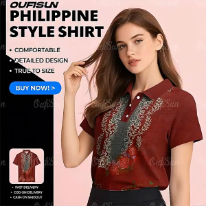 Fashion Barong Tagalog Ethnic Style Polo Shirts Short-Sleeved Tops For Women Retro Pattern Womens Plus Size Polo Shirts High-Quality Daily Casual Lapel Shirt Modern Asean Attire For Women