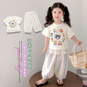 Princess Summer Outfit for Girls Sweet Lace Casual Korean Style Cotton Blend Thin Two-Piece Set Breathable Washable No Hat