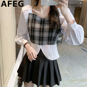 AFEG Korean square collar short fashion slim plaid patchwork cotton long-sleeved blouse