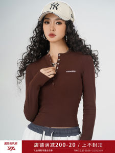 Slim Fit Long Sleeve T-Shirt Short Style Solid Color Knitted Base Top Women American Retro MC Miracle Cotton Blend V Neck
