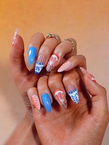 Blue Orange Almond Press pada Kuku Kuku Alami Tidak Dapat Dipecahkan Pakaian Sederhana untuk Pasokan Salon Seni Kuku Profesional