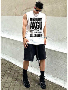 Summer American Hip Hop Retro Lettering Mens Casual Loose Fit Pure Cotton Heavyweight Sleeveless Top Sweat Vest round Neck