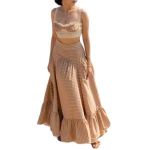 338 PIMNADACLOSET - Spaghetti Strap Button Side Tartan Poly-Emboss Crop Top And High Waist Asymmetric Long Skirt Set