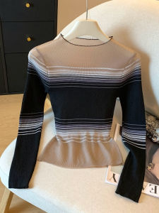 Retro Striped Color Block Knitwear Womens Slim Fit Base Shirt Early Autumn Fashionable Inner Wear round Neck Short Sleeve