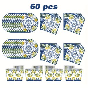 60pcs Lemon Birthday Decoration Elegant Disposable Tableware Set Paper Plates Cups Napkins for Summer Wedding Party Supplies