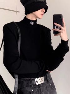 Black Mock-Neck Bottoming Shirt Mens K-style Fancy Inner Wear Niche Design Padded Shoulder Long Sleeves T-shirt Casual Ins