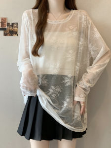 White Loose Long Sleeve T-Shirt Summer Thin Mesh Base Shirt Sun Protection Cover up Loose Top for plus Size Women Casual Classic Korean Style