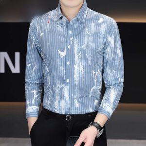 HENGYUANXIANG | Spring Summer Mens Long Sleeve Shirt Casual Tie Dye Striped Fashionable No Ironing Easy Care Standard Fit Button Down Shirt