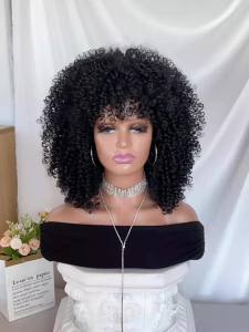 16 Inch Afro Kinky Curly Hair Wigs With Bangs Soft Fluffy Synthetic Fiber None Lace Wigs For Party Cosplay Daily Use