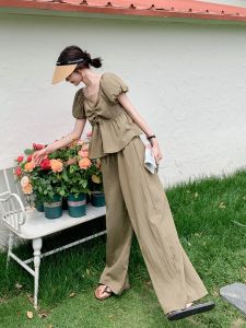 French Style High Waist Wide Leg Pants Two Piece Set Women Summer 2024 New Bubble Sleeve Solid Color Casual Elegance Set