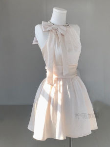 French Style Butterfly Knot Halter Neck A-Line Short Skirt Birthday Holiday Frock Skirt Shiny Diamond Waist Cinched Mini Dress