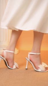 Giày cao gót MWC 4389 - Sandal Cao Gót Quai Ngang Đính Nơ Phồng Nữ Tính Gót Nhọn 9p Quai Hậu Thời Trang