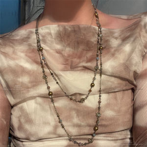 Vintage Long Beaded Necklace for Women Ethnic Bohemian Style Sweater Chain with Lock Necklace Upscale Feeling Niche Accessory