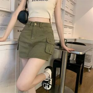 Váy Ngắn Chữ a Cạp Cao Màu Xanh Quân Đội Phong Cách Mỹ Váy Ngắn Bó Sát Chống Ánh Sáng Váy Ngắn Mùa Hè Mới Về