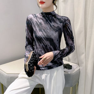 REHIN Autumn/Winter New Flocked Luxurious Velvet Mesh-Turtleneck Long-Sleeve T-Shirt - Stylish Slim-Fit Base Top  For Women