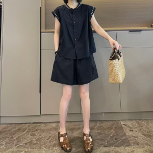 Shalldoer | Bộ đồ hai mảnh thời trang thêu tay áo ngắn mùa hè cho nữ Bộ đồ hai mảnh màu trơn cổ tròn cài nút