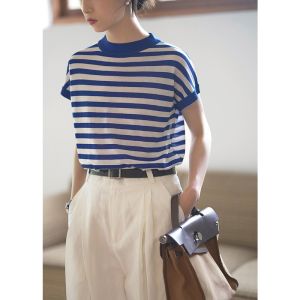 French Navy Striped Knitted Short Sleeve T-Shirt Women Summer Thin Elegant Color Block Design Shoulder Top round Neck T-Shirt