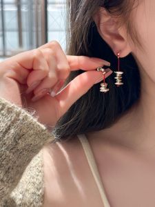 Good Luck Red Rope Asymmetric Silver Needle Earrings Trendy Silver Geometric Pattern Womens Fashion Jewelry Ear Decor